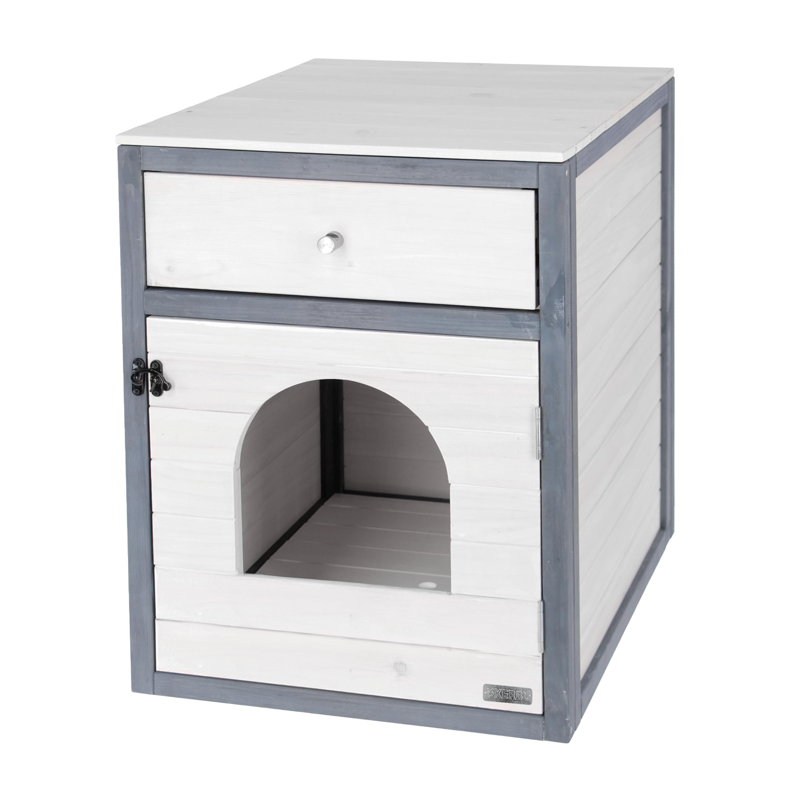 Kerbl Pet Katzenschrank Ida, Versteck für Katzentoilette oder Liegekissen, Katzentoilettenhaus, Katzhöhle, Vollholz, Weiß / Grau