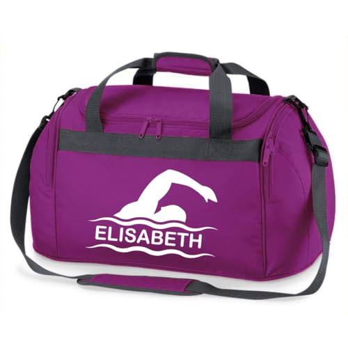 minimutz Sporttasche Schwimmen für Kinder - Personalisierbar mit Name - Schwimmtasche Duffle Bag für Mädchen und Jungen (lila)