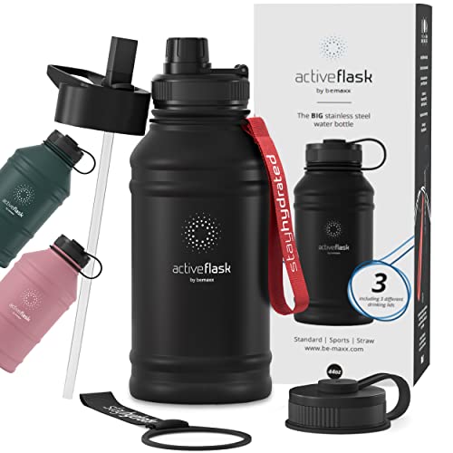Trinkflasche Edelstahl ACTIVE FLASK + Strohhalm (3 Deckel) | Große 1,3 Liter Sportflasche BPA-frei Auslaufsicher Kohlensäure geeignet, 2l XL Wasserflasche Sport Outdoor Fitness Wasser Flasche