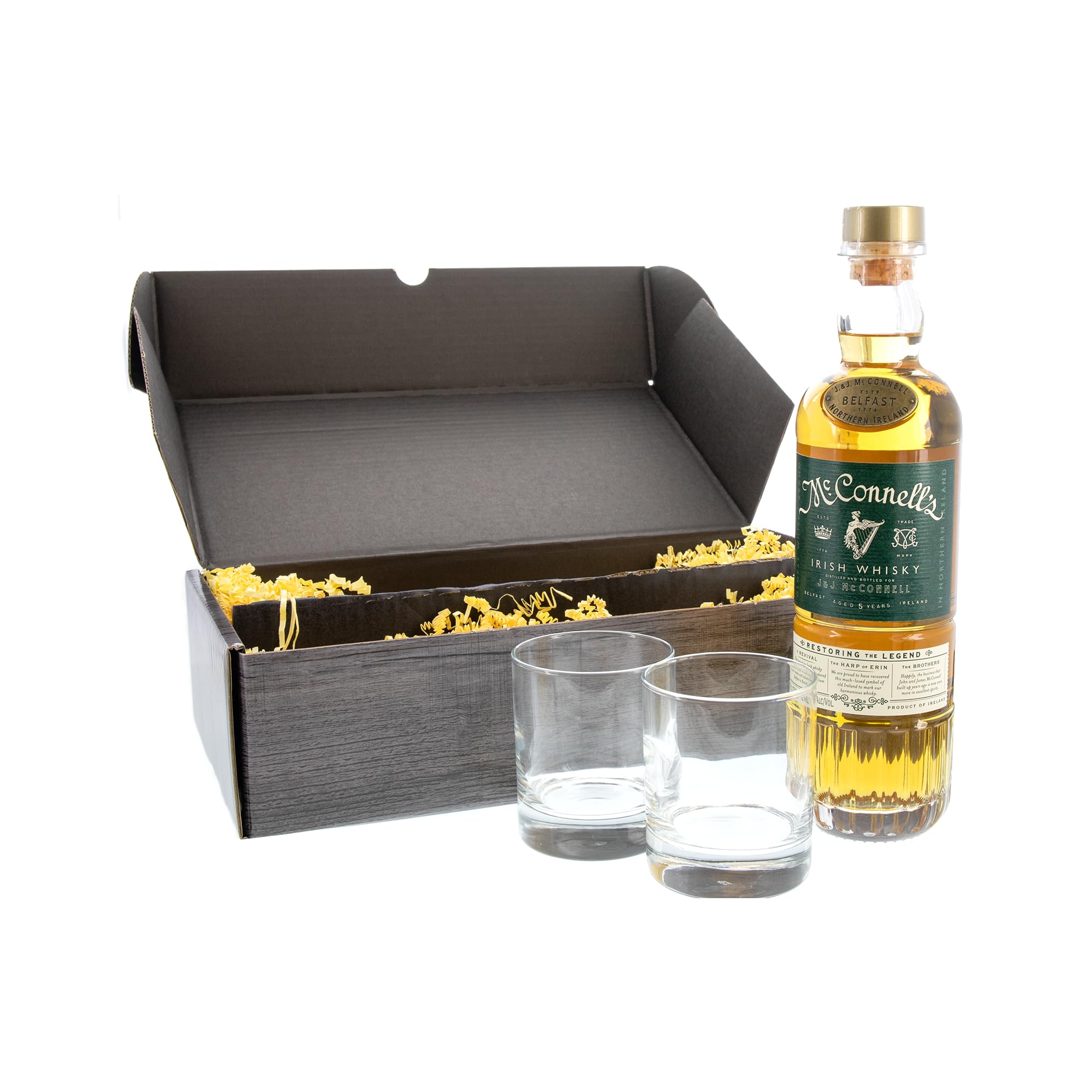 Bull & Bear exklusiv Geschenk Box McConnells McConnell's 5 Year Irish Whiskey mit 2 passenden Gläsern, aged in first fill American oak casks, 42% 70cl Blended Whisky (1 x 0.7 l)