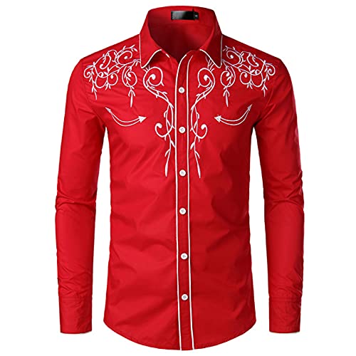 NW Stilvolles Western-Cowboy-Shirt für Herren, bestickt, schmale Passform, lässig, langärmelig, für Hochzeit, Party, rot, XL