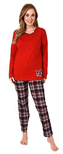 NORMANN-Wäschefabrik Damen Pyjama lang mit Karohose und süssen Tiermotiv - auch in Übergrössen - 212 201 90 820, Farbe:rot, Größe:56-58