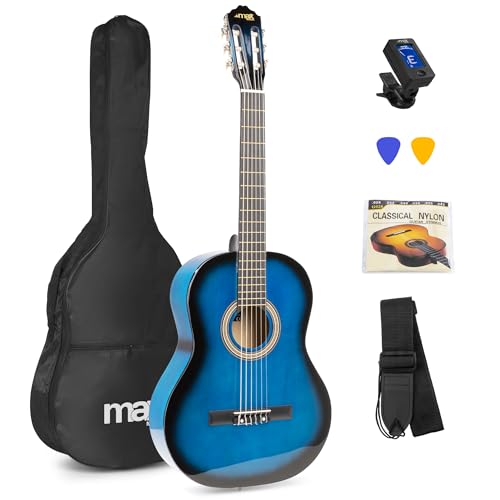MAX SoloArt Konzertgitarre 4/4, Akustik Gitarre für Anfänger mit Tasche, Stimmgerät, Plektrum, Gurt und Zubehör, Acoustic Guitar, Akustikgitarre in Blau