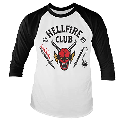 Stranger Things Offizielles Lizenzprodukt Hellfire Club Baseball Long Sleeve 3/4 Ärmel T-Shirt (Weiß-Schwarz), Small