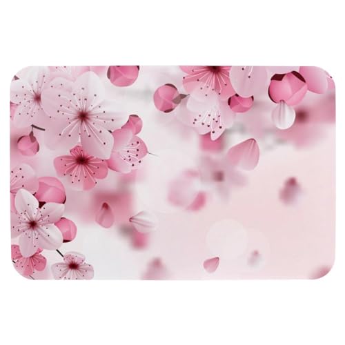 MUOOUM Badematte mit Kirschblütenmotiv, wasserabsorbierend, rutschfest, kühl, dünn, waschbar, schnell trocknend, für Dusche, Badewanne, Innentür, 50 x 80 cm, Rosa