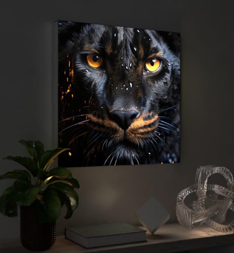 MyMaxxi - Pixlip Poster Pantherporträt Wandbild Design Wand Dekoration, Foto schwarz braun Leuchtrahmen - Panther, 60x84 cm, Rahmen: nur Druck