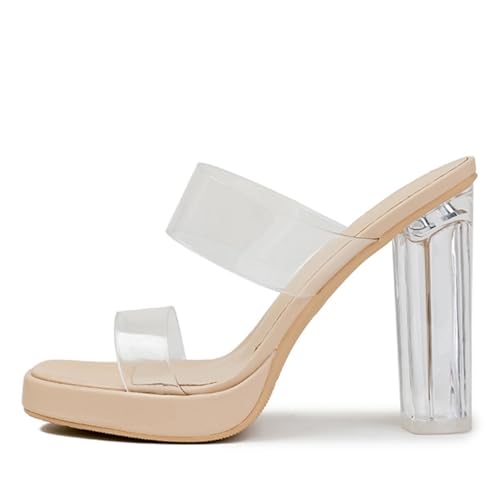 NEOFEN Damen-Sandalen mit klarem Absatz, transparent, zwei Riemen, klobiger Block-High-Heel, zum Hineinschlüpfen mit offener Zehenpartie und Plateau-Sandalen (Color : B7cm, Size : 37 EU)