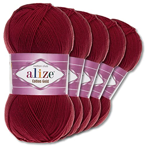 Wohnkult Alize 5 x 100 g Cotton Gold Premium Wolle| 39 Farben Sommerwolle Garn Stricken Amigurumi (390 | Kirschrot)