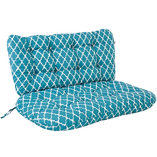 Patio Gartenbankauflage Marocco 95 cm Auflage für Rattanmöbel 2 teilig Sitzfläche Rückenlehne mit Schnüre Sitzkissen-Set Gartenkissen gesteppt Marokko Muster weiß blau
