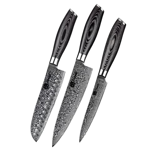 KENSAKI 3er Messerset aus Damaszener Stahl Küchenmesser Japanischer Art hergestellt aus 67 Lagen Damaststahl – Kuro Serie