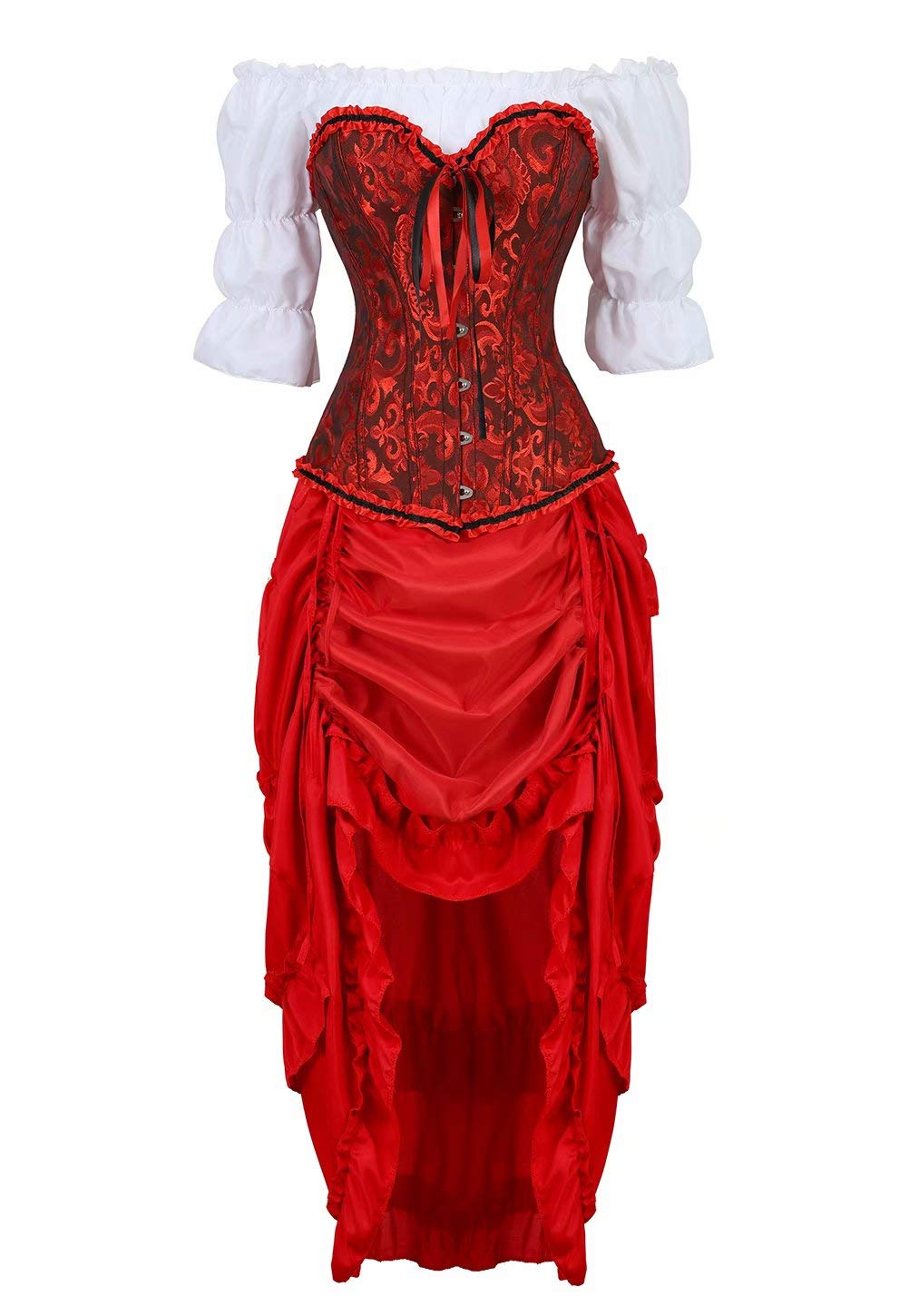 Josamogre Steampunk Corsagenkleid Corsage korsett bustier kleider Kostüm Spitzenrock und Bluse für Karneval Fasching Halloween Rot S