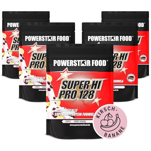 SUPER HI PRO 128 Pack | Premium Mehrkomponenten Protein | 84% Protein i.Tr. | Nach wissenschaftlicher Formel | Höchstmögliche Biologische Wertigkeit | Deutsche Herstellung | 5 x 1000g | Cherry Banana