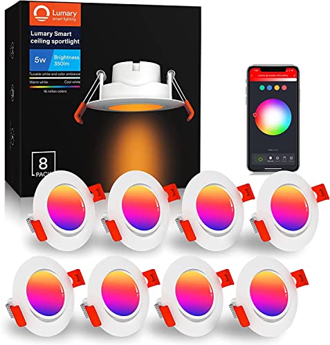 Lumary Einbaustrahler LED Spot Dimmbar - Smart RGBWW Schwenkbar Ultra Flach 5W LED Einbauleuchten RGB Warmweiße Kaltweiß Einbauspot, 350lm Decken Einbauleuchte Kompatibel mit Alexa/Google Home (8PCS)