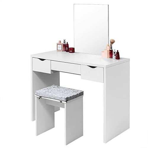 EUGAD Schminktisch mit Hocker, einem große Spiegel und 3 große Schubladen, 100x49,5x129,5cm(L*B*H), Schreibtisch Kosmetiktisch Set mit große Tischplatte, Weiß