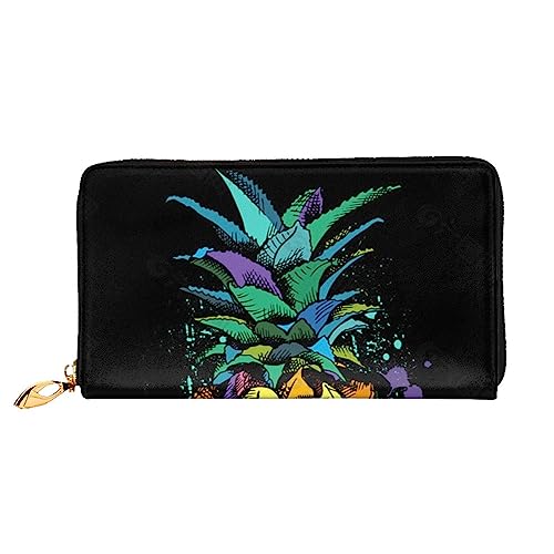 JCAKES Geldbörse für Damen, mit Reißverschluss, lange Leder-Geldbörse, Clutch, bunte Ananas-Geldbörse, Schwarz , Einheitsgröße