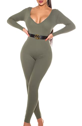 Koucla Damen Overall Jumpsuit Playsuit V-Ausschnitt mit Gürtel (Khaki, L)