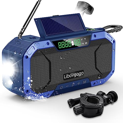 Libovgogo DF-580Pro Notfall-Radio Spritzwassergeschützt Bluetooth-Lautsprecher Tragbares AM/FM Solar-Kurbelradio mit Taschenlampe LED-Leselampe Solar-Panel 5000mAh Powerbank Mit Fahrradträger