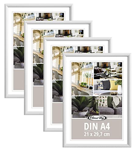 Close Up Bilderrahmen 4er Set DIN A4 (21 x 29,7 cm) | Kunststoff weiß mit Rückwand und Aufsteller | PVC-Scheibe (unzerbrechlich) Profilbreite 12 mm