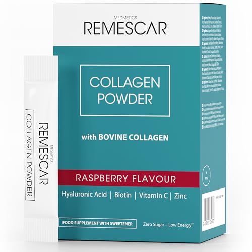 Remescar Kollagen-Getränkebeutel 30 Beutel - Kollagenpulver Himbeere - Collagen Booster - mit Hyaluronsäure, Biotin, Vitamin C, Zink - zur Erhaltung Normaler Haare und Haut