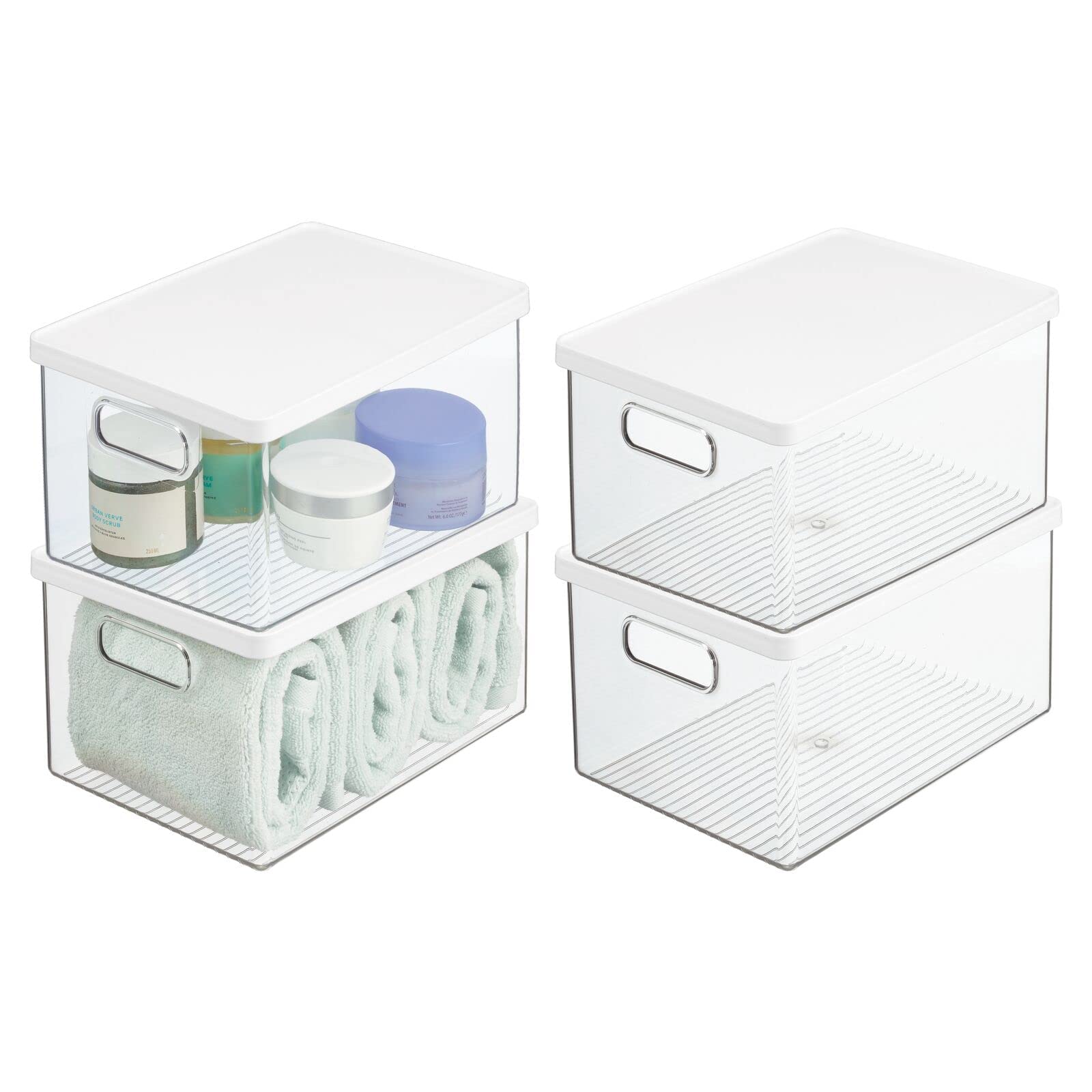 mDesign 4er-Set Badezimmer Organizer – praktische Aufbewahrungsbox aus Kunststoff mit Deckel – stapelbare Bad Box zur Aufbewahrung von Shampoo, Duschgel, Lotionen & Co. – durchsichtig/weiß