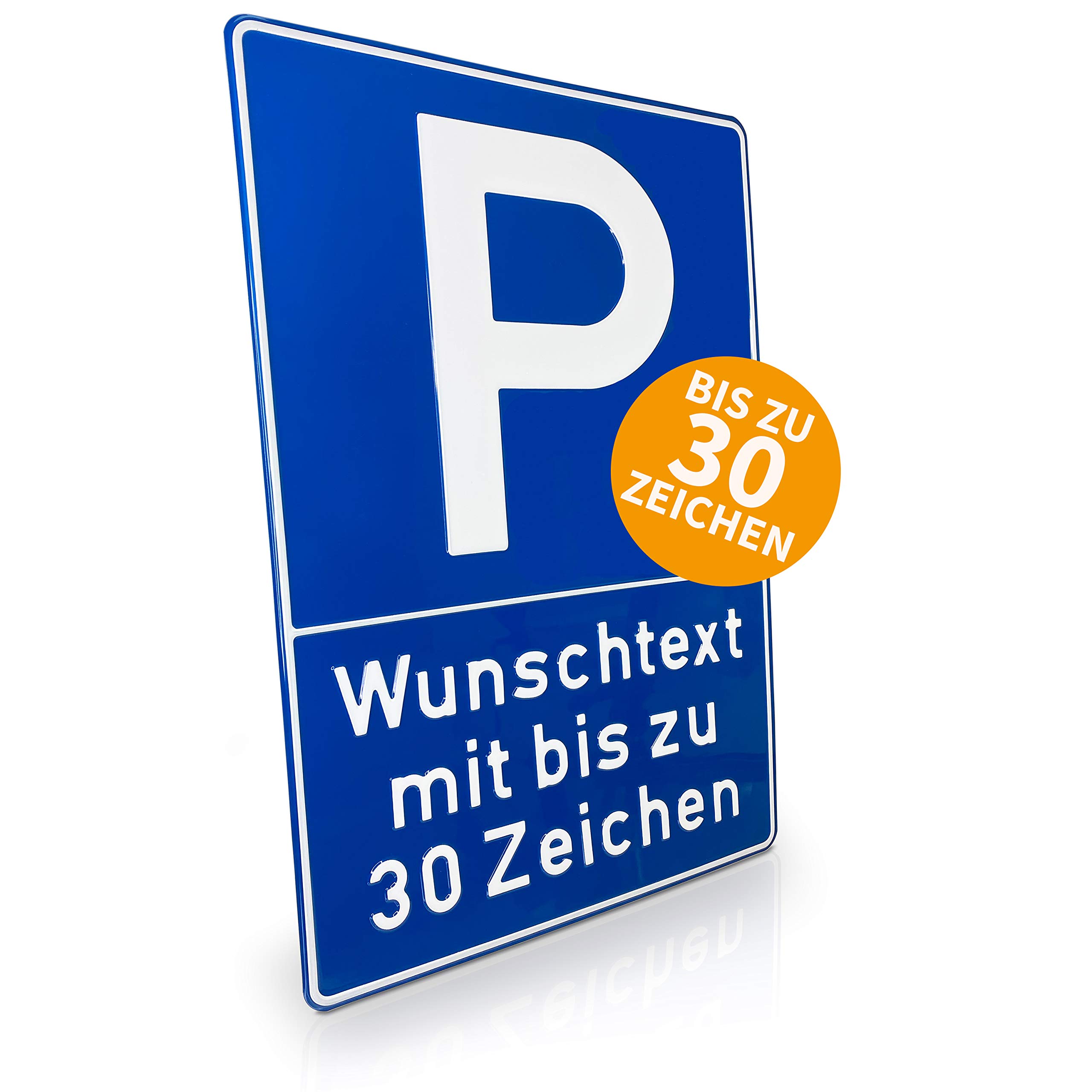 Betriebsausstattung24® Individuell gefertigtes Parkplatzschild mit Wunschtext | Geprägt | Text nach Wahl | Bis zu 30 Zeichen | Aluminiumschild | Blau/weiß | B 40,0 x H 60,0 cm