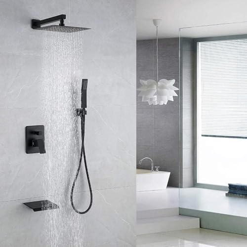 JQFDD Black Shower System Flush-Mounted Set Rain Shower System 3-Function Rain Shower for Bathroom with Waterfall Bathtub Outlet Black 12 Inches