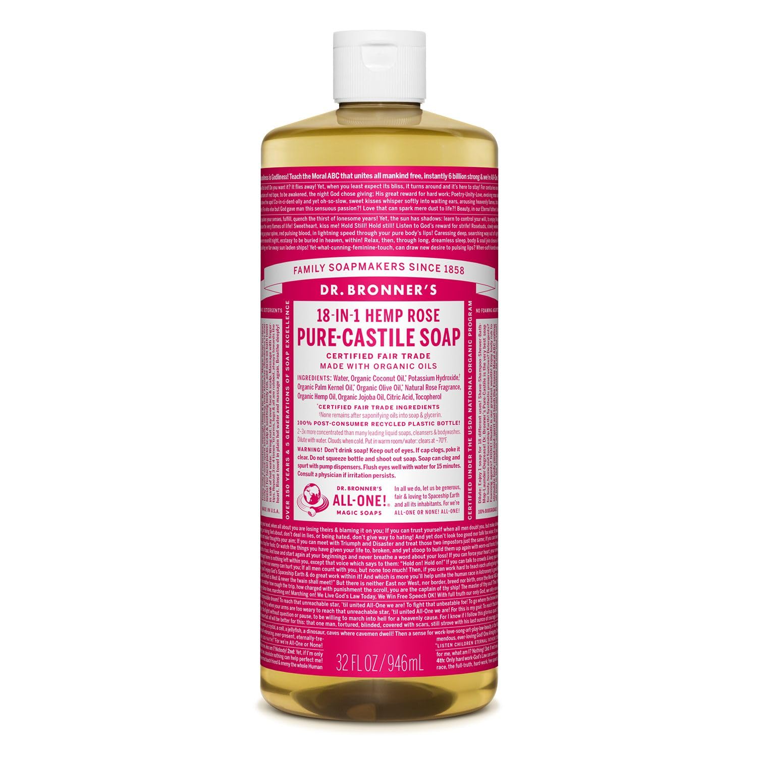 Dr. Bronner's 18 in 1 Hemp Rose Pure-Castile Soap, 32 fl oz/946 ml