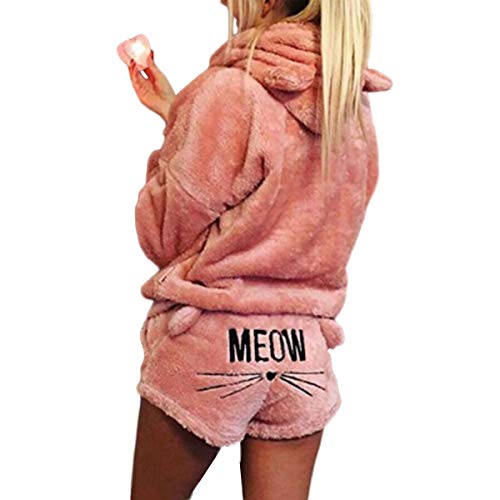 FAMKIT Damen Mädchen Fleece Pyjama Gemütlich Nachtwäsche Meow Bestickter Kapuzenpullover Shorts Pj Zweiteiliges Set Pyjama Party, rose, Medium