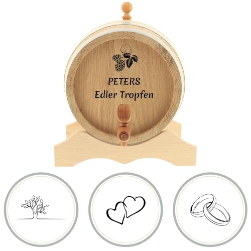 HOFMEISTER® 1 Liter Holzfass Personalisiert mit Gravur Namen & Wunschmotiv - Eichenfass zur traditionellen Lagerung von Whisky, Wein oder Schnaps, Freunde und Familie