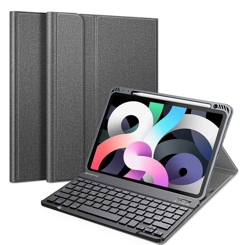 Fintie Tastatur Hülle für iPad Air 5 2022 / iPad Air 4 2020 10.9 Zoll, Schutzhülle mit TPU Rückschale, Pencil Halter und magnetisch Abnehmbarer Tastatur mit QWERTZ Layout, Dunklgrau