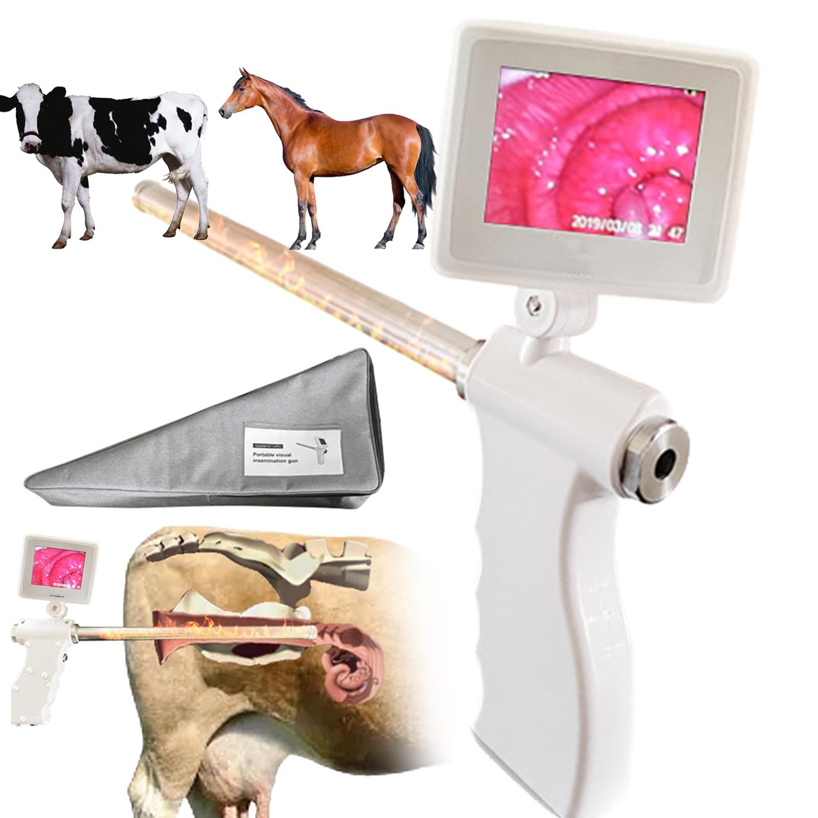 SATSAT Kit zur künstlichen Befruchtung (rotierender Bildschirm), Professionelle visuelle künstliche Befruchtungspistole für Kühe/Rinder, Pferde, Esel, Kamele, Heizung mit konstanter Temperatur