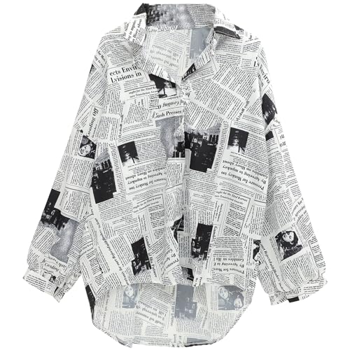 Damenmode Zeitung Print Shirt einreihig Bluse Revers langärmeliges Top für Sommer Frühling (schwarz, Größe M)