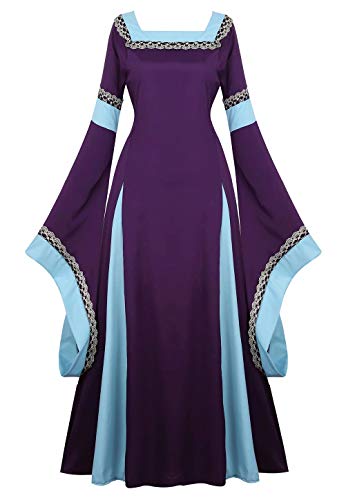 Josamogre Mittelalter Kleidung Damen Kleid mit Trompetenärmel Party Kostüm bodenlang Vintage Retro Renaissance Costume Cosplay Lila XL