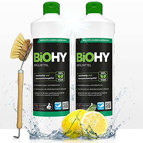 BiOHY Spülmittel (2 x 1 liter) + Spülbürste | Bio Geschirrspülmittel ohne schädliche Chemikalien | Flüssiger Fettlöser für frischen Glanz | ideal für Spülmittelspender | biologisch abbaubar