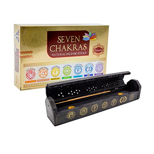 Set 7 Chakren: Masala Räucherstäbchen 7 Chakras inkl. Räucherstäbchen-Box mit Chakra Symbolen aus Rosenholz, handgefertigt, Chakra Geschenkset