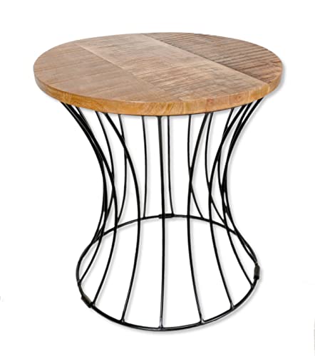 DARO DEKO Mango-Holz Beistelltisch Natur mit Metall-Gestell schwarz Ø 43cm x 47cm Blumenhocker Couch-Tisch