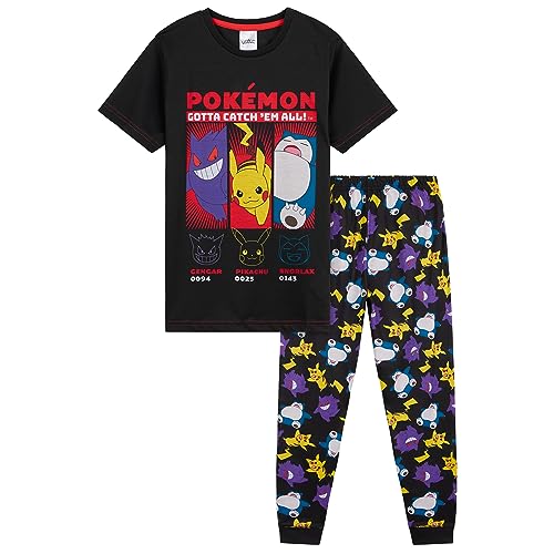 Pokemon Schlafanzug Jungen Pyjama Kinder 4-14 Jahre Sommer Winter Nachtwäsche Oberteil Kurz Pyjamahose Lang (Schwarz, 9-10 Jahre)