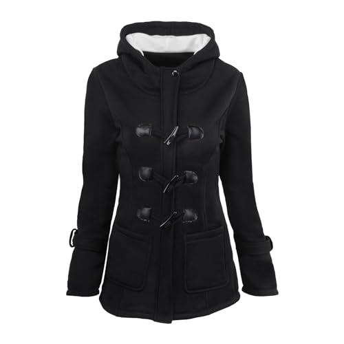 Horn-Knopf-Jacke für Damen – Kapuzenjacken für Frauen mit Hornknöpfen, Kleidermäntel für Frauen, Damen-Fleecejacke für kaltes Wetter Zceplem