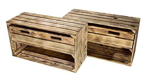 2X Vintage-Möbel24 Breite geflammte/braune Kiste mit Schublade 68cm x 40cm x 31cm Schuhregal Regal Holzkiste Ablage