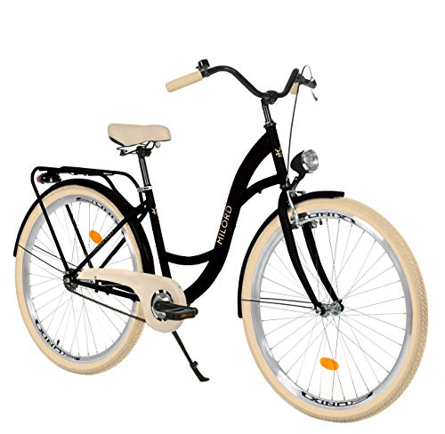 Milord. 28 Zoll 3-Gang, schwarz und Creme, Komfort Fahrrad mit Rückenträger, Hollandrad, Damenfahrrad, Citybike, Cityrad, Retro, Vintage