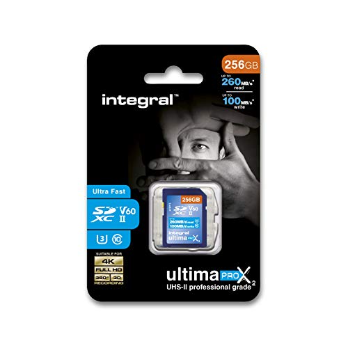 Speicherkarte SD xC 256 GB UltimaPro X2 Ultra High Speed bis zu 260 MB/s Lesen, 100 MB/s Schreiben, Videoaufzeichnung 4 K, 8 K, 360, 3D, Klasse 10, UHS-II, U3, V60, by Integral Memory