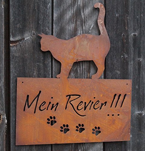 Edelrost Schild mit Katze Mein Revier 42x35cm Wandschmuck Gartendekoration Tafel