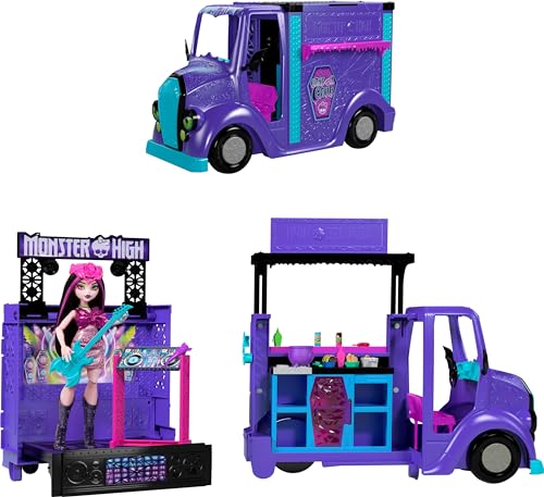 Monster High Draculaura-Puppe und Spielset, Fangtastic Food-Truck mit ausklappbarer Bühne und über 13 passenden Küchen- und Musikzubehörteilen, HXH83