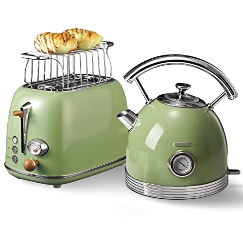Wiltal toaster wasserkocher set, frühstücksset toaster wasserkocher, Wasserkocher aus Edelstahl, 2200W, Schnellaufheizung, Toaster mit Brötchenaufsatz zum Erhitzen aller Brotsorten, retro Grün
