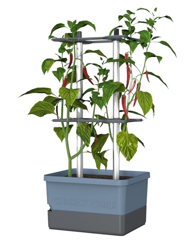 Charly Chili - Chilitopf - 4,5 L Wassertank mit Bewässerungssystem - stabile, Innovative Rankhilfe - 10 L Erdvolumen - für Chili, Paprika, Auberginen - Pflanzgefäß Blumentopf Pflanzturm … (Blau)