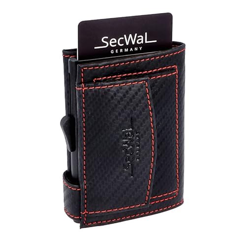 SecWal Kreditkartenetui mit Münzfach Druckknopf - Echtleder Mini Geldbörse inkl. E-Book für Damen und Herren - RFID Schutz (Carbon Schwarz-Rot)
