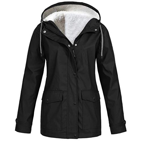 MMOOVV Winterjacke Damen Winter Jacke Solide Plüsch Verdickung Jacke Outdoor Plus Size Kapuzen Regenmantel Winddicht (Schwarz 4XL)