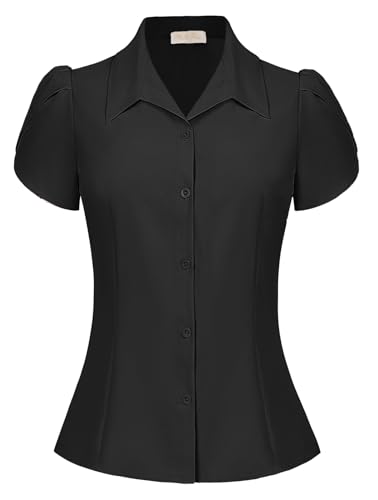 Damen Bluse Kurzarm Reverskragen Oberteile Elegant Tops Slim Fit Shirt Freizeit Büro Schwarz S