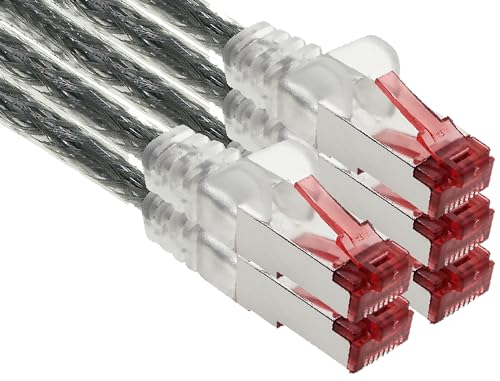 1aTTack.de Netzwerkkabel Cat 6 (10m - transparent - 5 Stück) Ethernetkabel Cat Kabel Lankabel Cat6 (SFTP PIMF) doppelt geschirmt Patchkabel Set 1000 Mbit/s Internet DSL Anschluss Router Computer