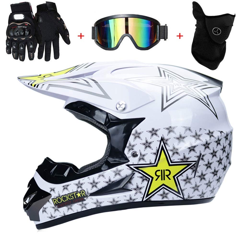 AMITD Fullface Motocross Helm mit Brille Handschuhe Maske, Adult Motorradhelm Cross Helme Mountainbike Off Road MTB Cross-Country-Helm ATV für Herren Damen, White, M